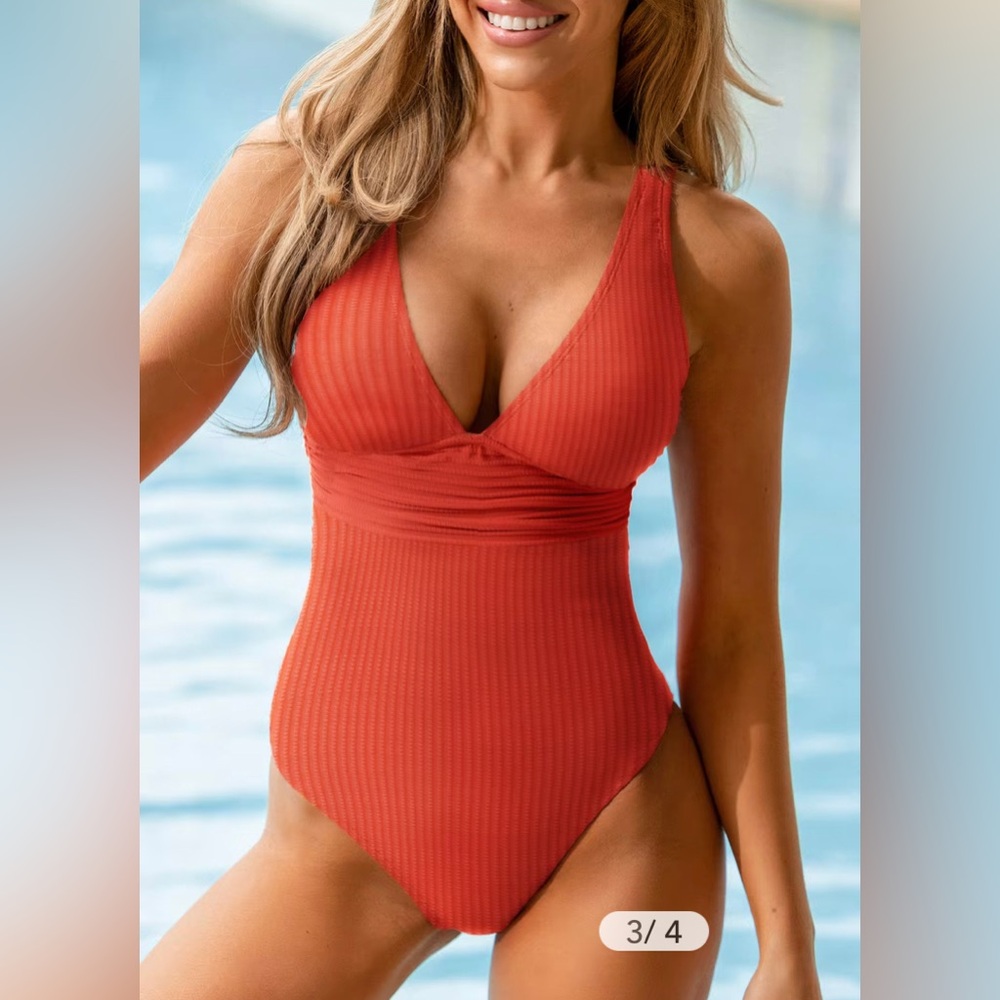 Cupshe Ginger Ribbed & Ruched One Piece Small - Picture 3 of 5